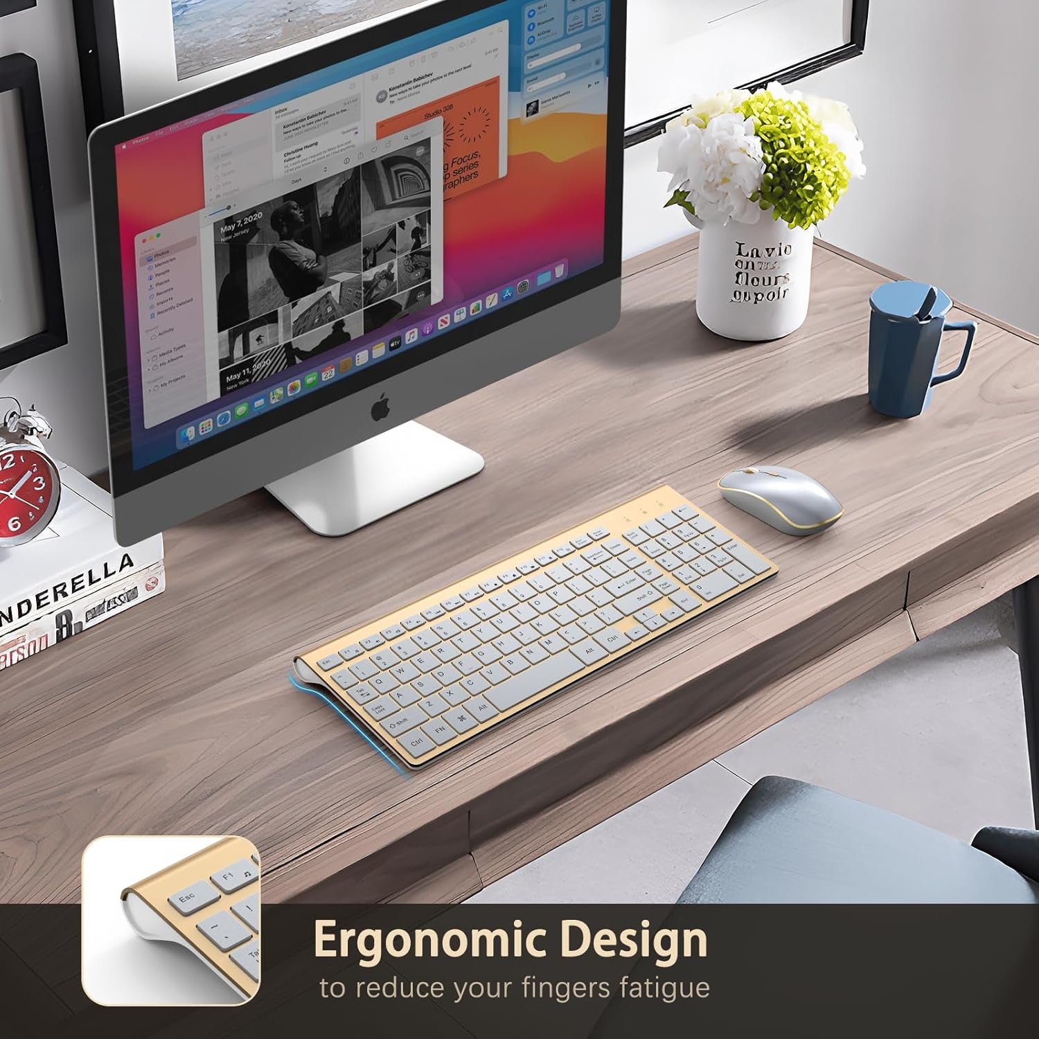 Wireless Keyboard and Mouse Combo, Ergonomic and Quiet Wireless Keyboard and Mouse Set, Portable and Customizable DPI for Laptop, Computer and Pc(Gold Silver)