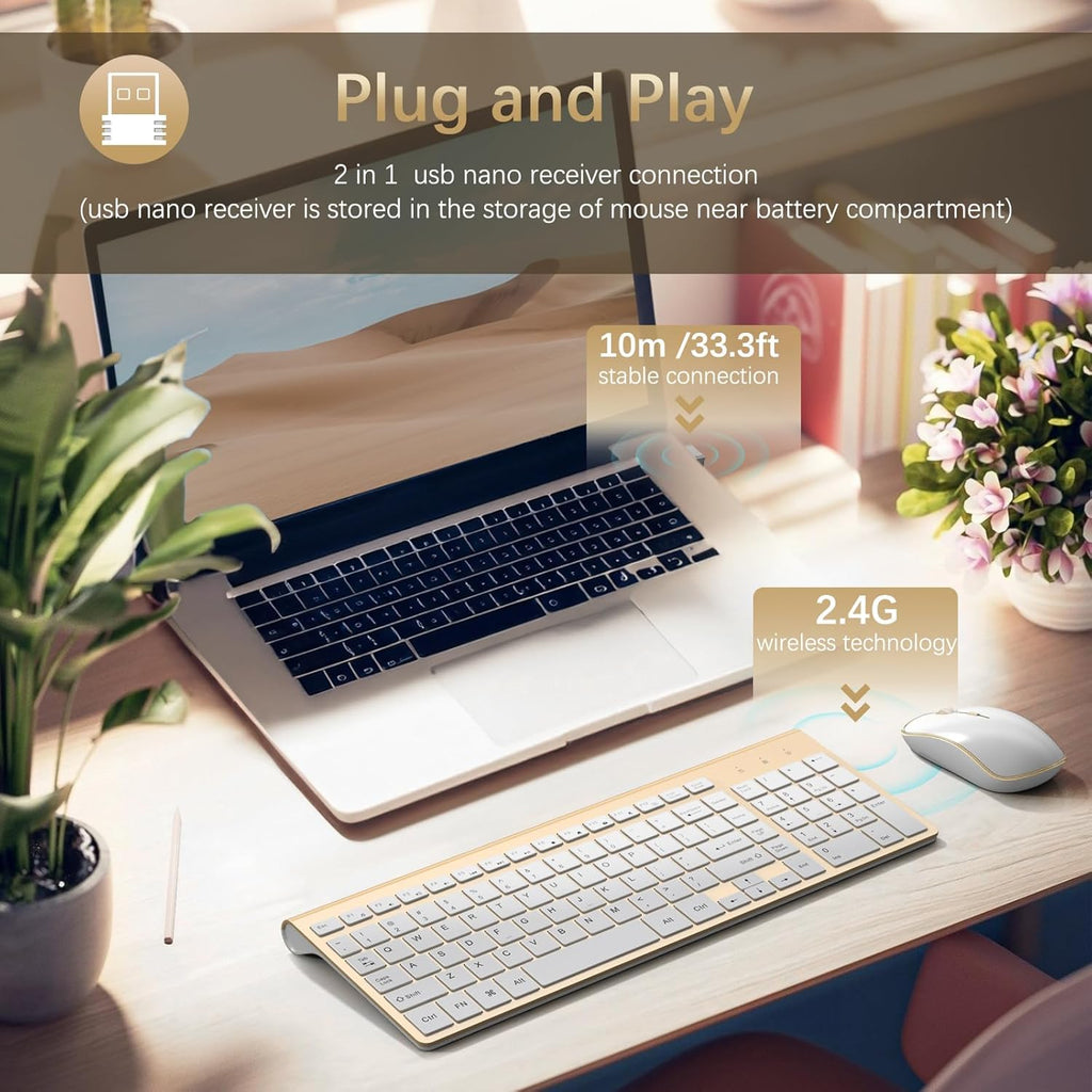 Wireless Keyboard and Mouse Combo, Ergonomic and Quiet Wireless Keyboard and Mouse Set, Portable and Customizable DPI for Laptop, Computer and Pc(Gold Silver)