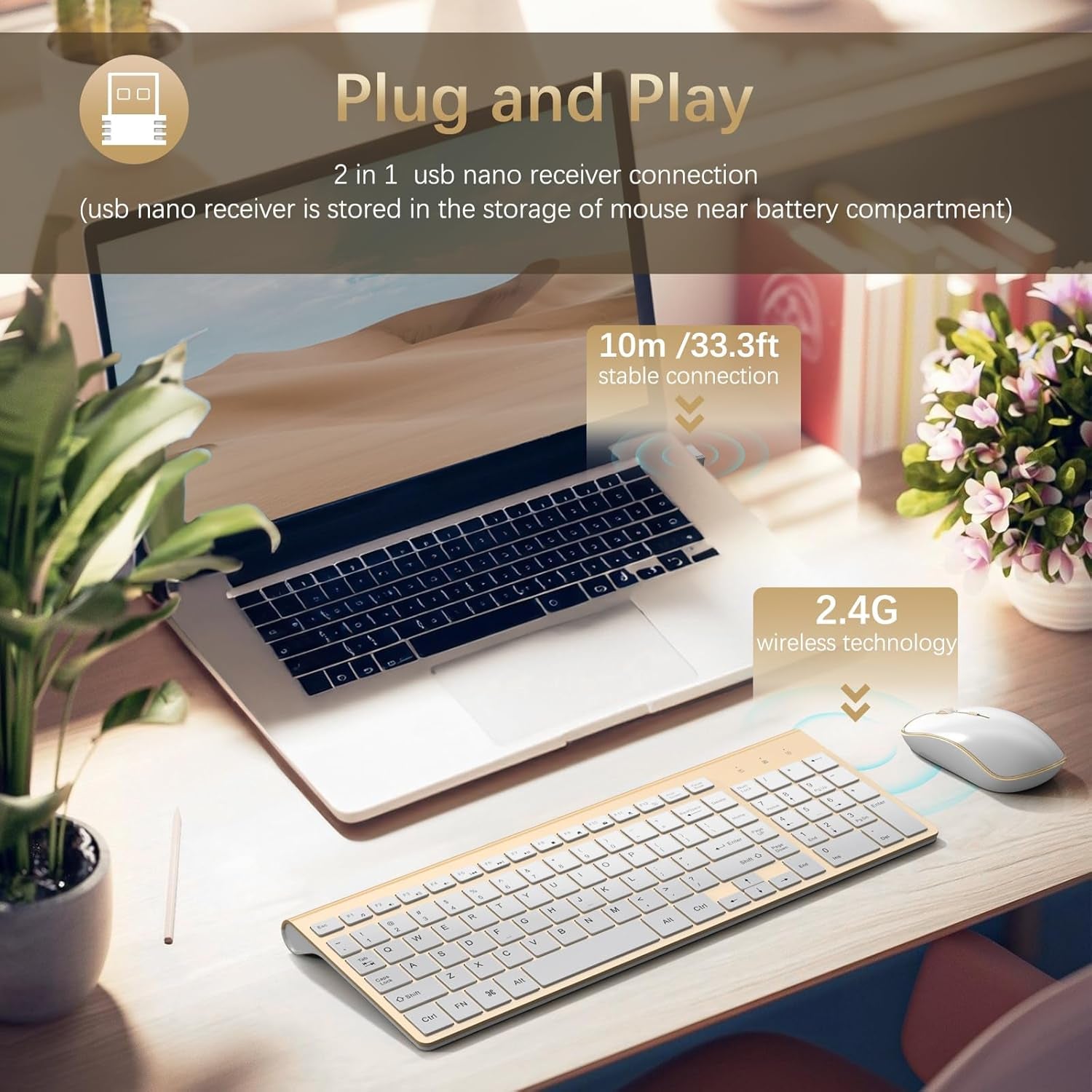 Wireless Keyboard and Mouse Combo, Ergonomic and Quiet Wireless Keyboard and Mouse Set, Portable and Customizable DPI for Laptop, Computer and Pc(Gold Silver)