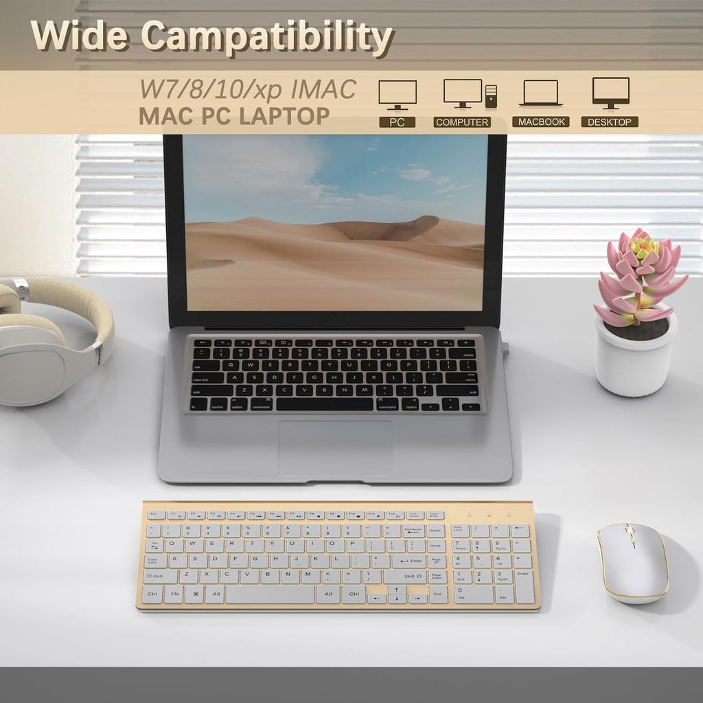 Wireless Keyboard and Mouse Combo, Ergonomic and Quiet Wireless Keyboard and Mouse Set, Portable and Customizable DPI for Laptop, Computer and Pc(Gold Silver)