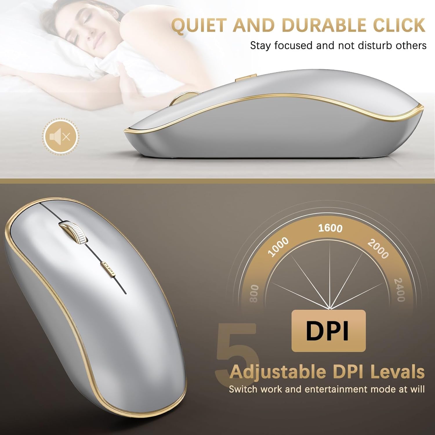 Wireless Keyboard and Mouse Combo, Ergonomic and Quiet Wireless Keyboard and Mouse Set, Portable and Customizable DPI for Laptop, Computer and Pc(Gold Silver)