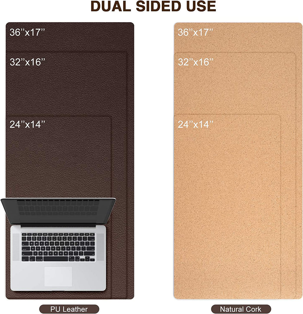 Large Natural Cork & Leather Desk Mouse Pad, Double-Sided Desk Protector, Smooth Surface Mouse Pad, Waterproof Desk Mat for Office/Home/Gaming (32" X 16" Coffee)