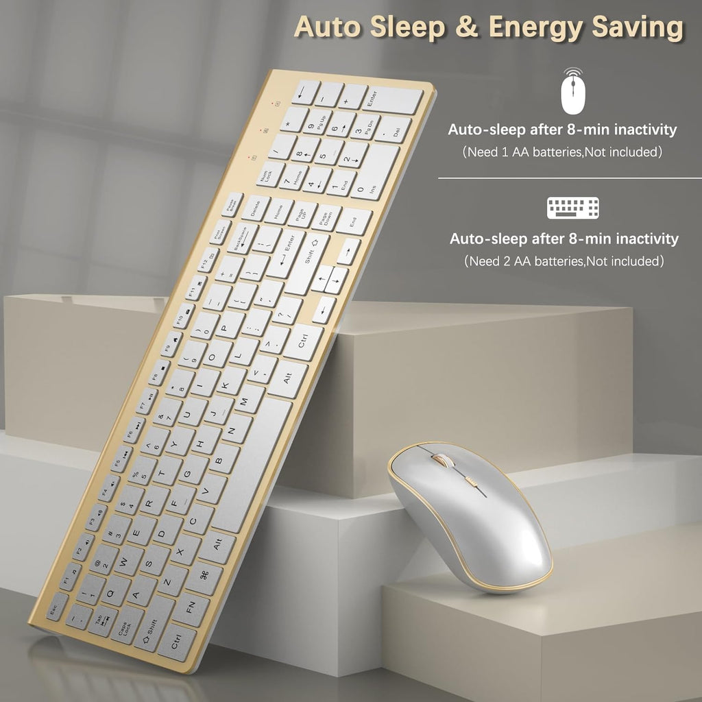Wireless Keyboard and Mouse Combo, Ergonomic and Quiet Wireless Keyboard and Mouse Set, Portable and Customizable DPI for Laptop, Computer and Pc(Gold Silver)