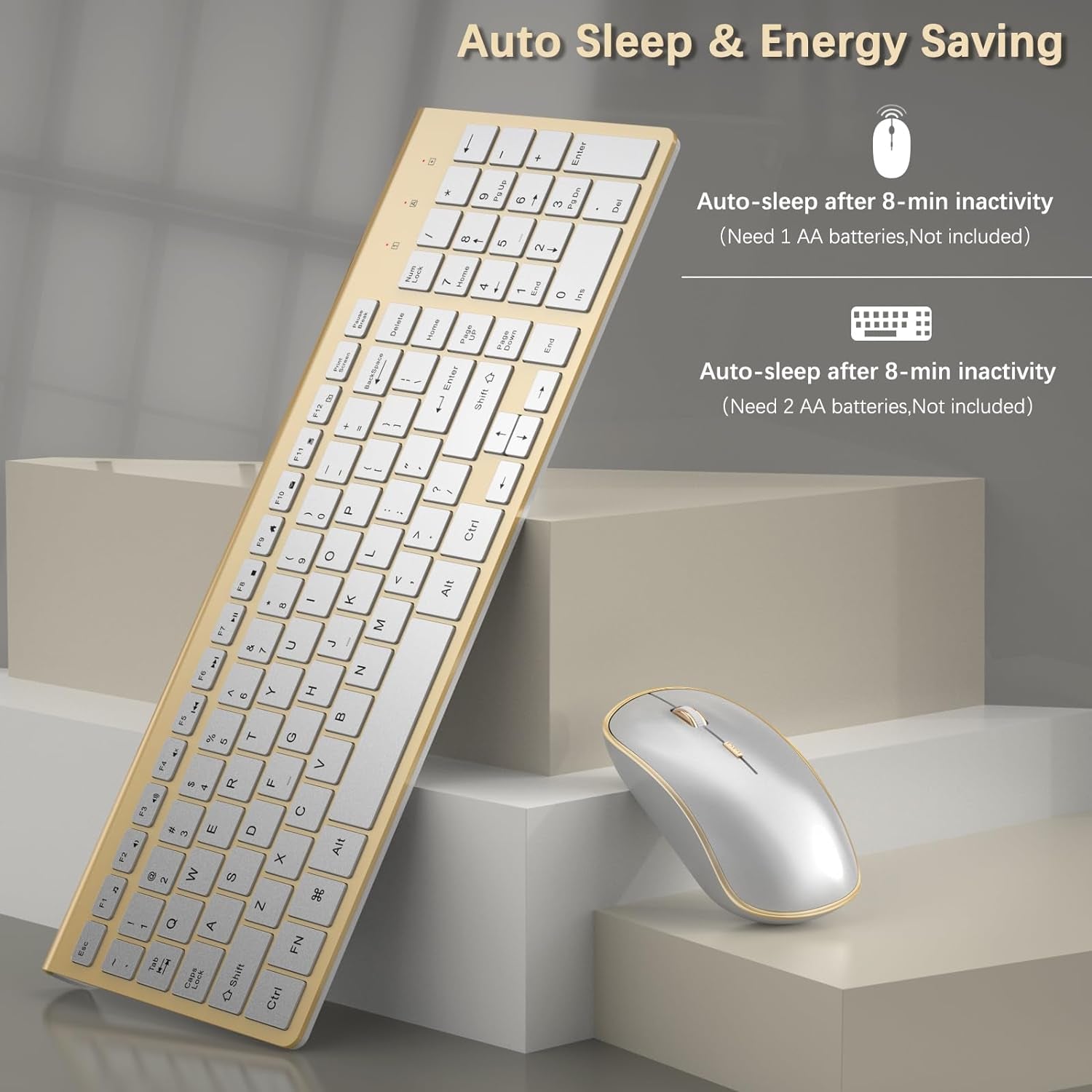 Wireless Keyboard and Mouse Combo, Ergonomic and Quiet Wireless Keyboard and Mouse Set, Portable and Customizable DPI for Laptop, Computer and Pc(Gold Silver)