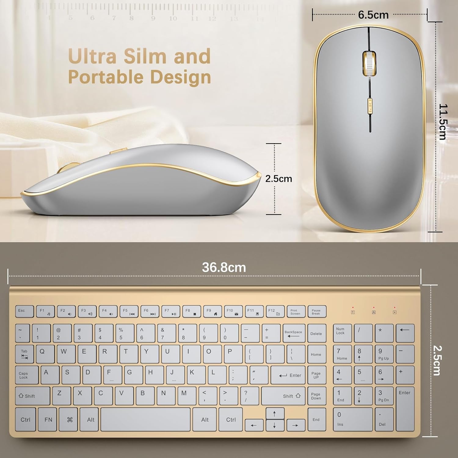 Wireless Keyboard and Mouse Combo, Ergonomic and Quiet Wireless Keyboard and Mouse Set, Portable and Customizable DPI for Laptop, Computer and Pc(Gold Silver)